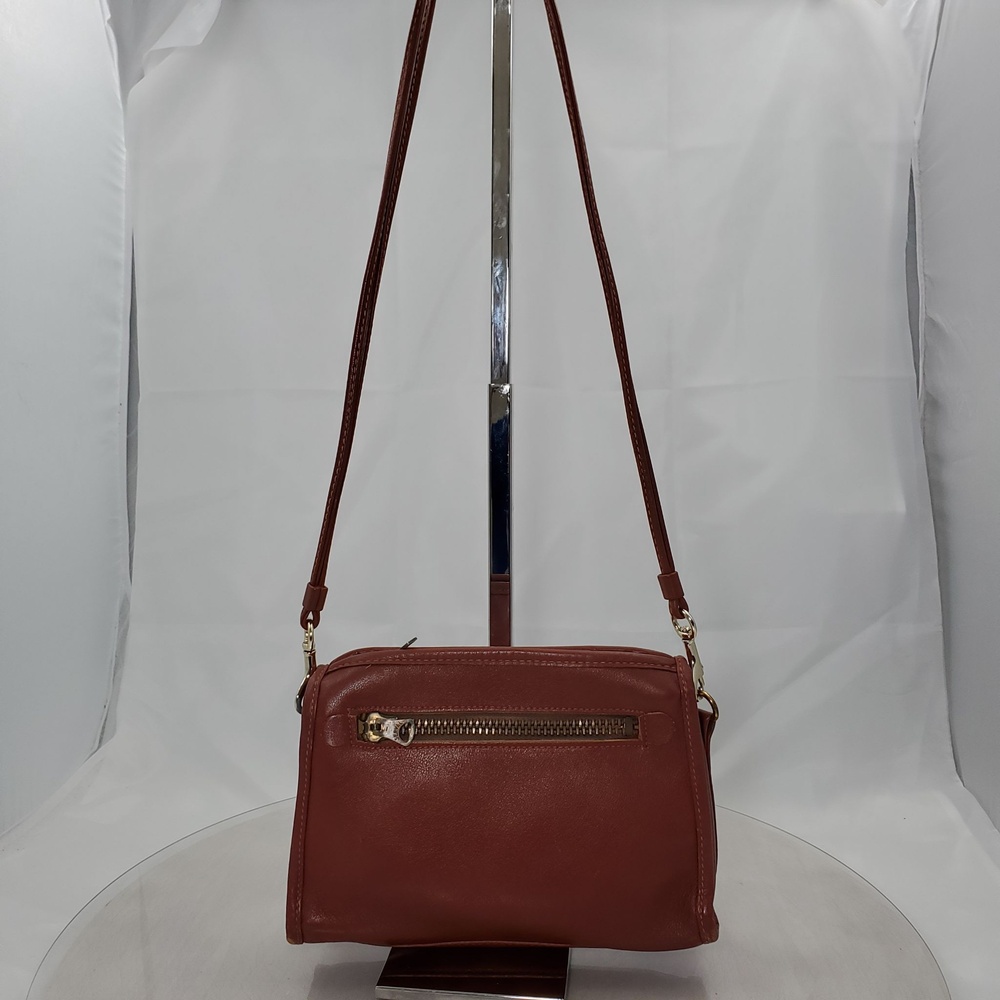 Vintage 80s Brown Leather Small Double Strap Shoulder Bag Zip Pocket